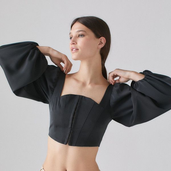 Maddie Bustier Top | Nuuly Rent Bustier With Sleeves, Luxury Bustier Top For Party, Luxury Bustier Tops For Night Out, Fitted Square Neck Blouse For Night Out, Fitted Padded Crop Top, Chic Padded Blouse Crop Top For Fall, Fitted Cropped Crop Top With Padded Blouse, Fitted Crop Top For Spring Evenings, Cropped Summer Evening Blouse