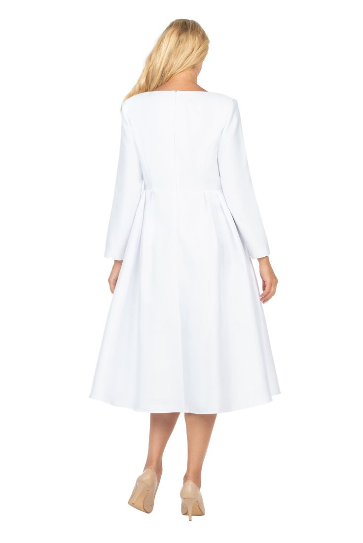 Giovanna D1567 1 piece Silky Twill V-neck A-line Dress w/ Brooch Colors: White Sizes: 8, 10, 12, 14, 14W, 16, 16W, 18, 18W, 20W, 22W, 24W, 26W, 28W Elegant White V-neck Dress For Fall, Elegant V-neck Fit And Flare Dress For Formal Occasions, White A-line V-neck Wedding Dress, Elegant Daywear Dress With Box Pleat, Elegant Dresses With Box Pleat For Daywear, Elegant Box Pleat Day Dress, Elegant Box Pleat Daywear Dress, Fall Wedding V-neck Midi Dress, V-neck Midi Dress For Fall Wedding