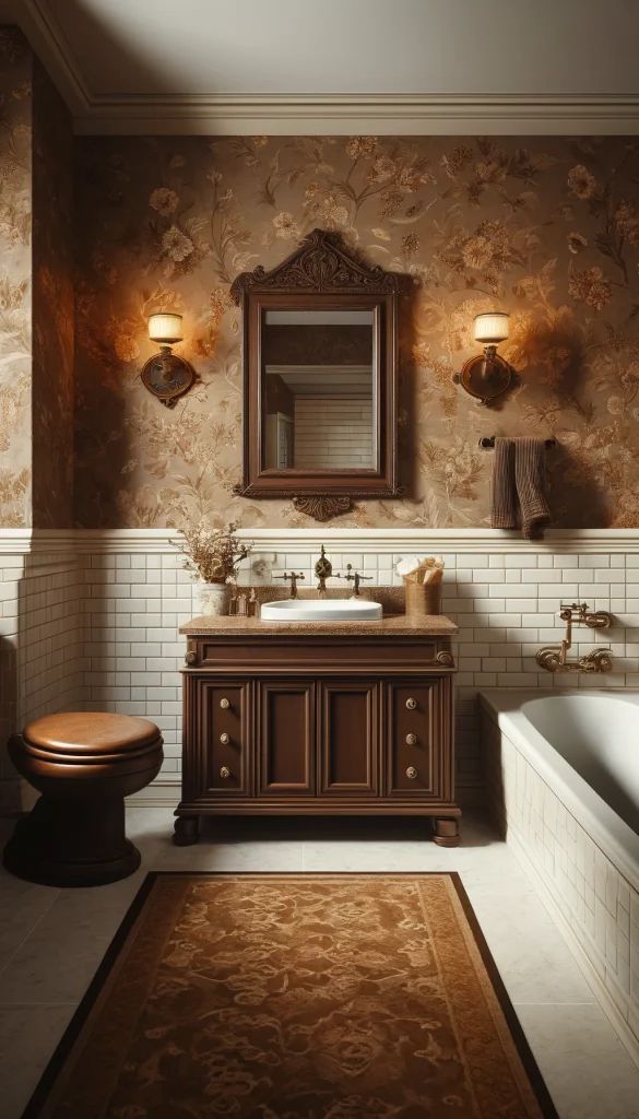 a bathroom with a toilet, sink and bathtub in the middle of wallpapered walls