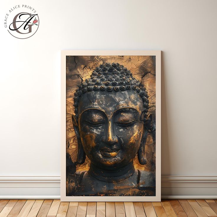 a large buddha statue sitting on top of a wooden floor next to a white wall