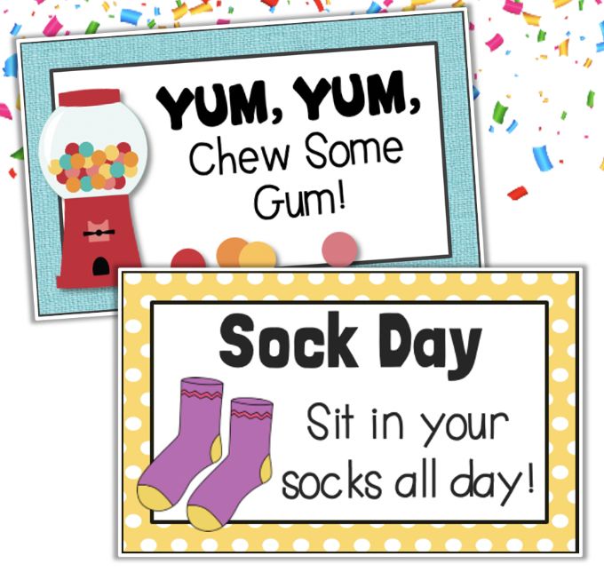 two reward cards for sock day with confetti and gum