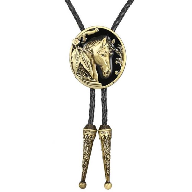 Introducing the Horse Bolo Tie, a captivating symbol of the legendary cowboy lifestyle and the enduring bond between humans and horses. Crafted with braided leather cords measuring 38" (96cm) in length and featuring metal tips, this bolo tie boasts a pendant size of 1.6" (4.2cm) x 1.8" (4.7cm), meticulously crafted from high-quality zinc alloy.  The Horse Bolo Tie embodies the spirit of adventure and freedom that defined the American West. Its exquisitely embossed horse head medallion serves as Adjustable Gold Western Bolo Ties, Western Lariat Bolo Tie With Adjustable Length, Western Style Lariat Bolo Tie With Adjustable Length, Gold Western Bolo Tie, Adjustable Lariat Bolo Ties For Western-themed Events, Western Bolo Ties With Adjustable Length, Western Bolo Ties With Adjustable Length For Western-themed Events, Western Bolo Ties For Western-themed Events, Western Style Adjustable Bolo Ties