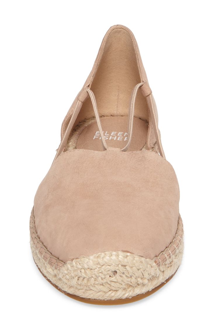 Smooth leather balances the earthy jute trim on this casual d'Orsay flat perfect for everyday wear. Elastic straps Leather upper and lining/rubber sole Imported Women's Shoes Flat Espadrilles, Eileen Fisher, Chukka Boots, Womens Flats, Smooth Leather, Nordstrom Rack, Leather Straps, Espadrilles, Leather Upper