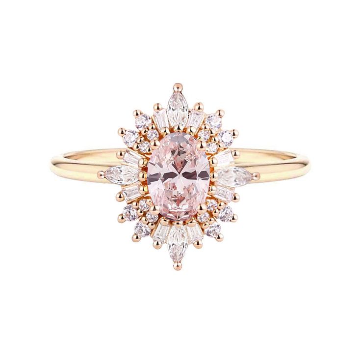 This stunning engagement ring is studded with certified lab grown diamonds. Crafted in 18K solid gold. Total Carat weight: 1.58 carats. Focal stone clarity options: VS1. Focal stone color: G. Center diamond carat weight: 1.00 carats. Focal stone cut: Excellent. Side diamonds weight: 0.58 carats. Side diamonds clarity and color: VS, G. Customizable in metals of choice. Band width: 1.4 mm. Designed in Austin, Texas. Looking for more diamond options? We have more than 10000 diamond options availabl Luxury Rose Gold Morganite Diamond Ring, Luxury Pink Oval Cluster Ring, Rose Gold Diamond Ring With Morganite Center Stone, Rose Gold Morganite Diamond Ring With Center Stone, Elegant Pink Diamond Cluster Ring, Formal Pink Diamond Cluster Ring, Exquisite Pink Diamond Ring With Rose Cut, Pink Morganite Diamond Ring, Elegant Style, Elegant Pink Morganite Diamond Ring