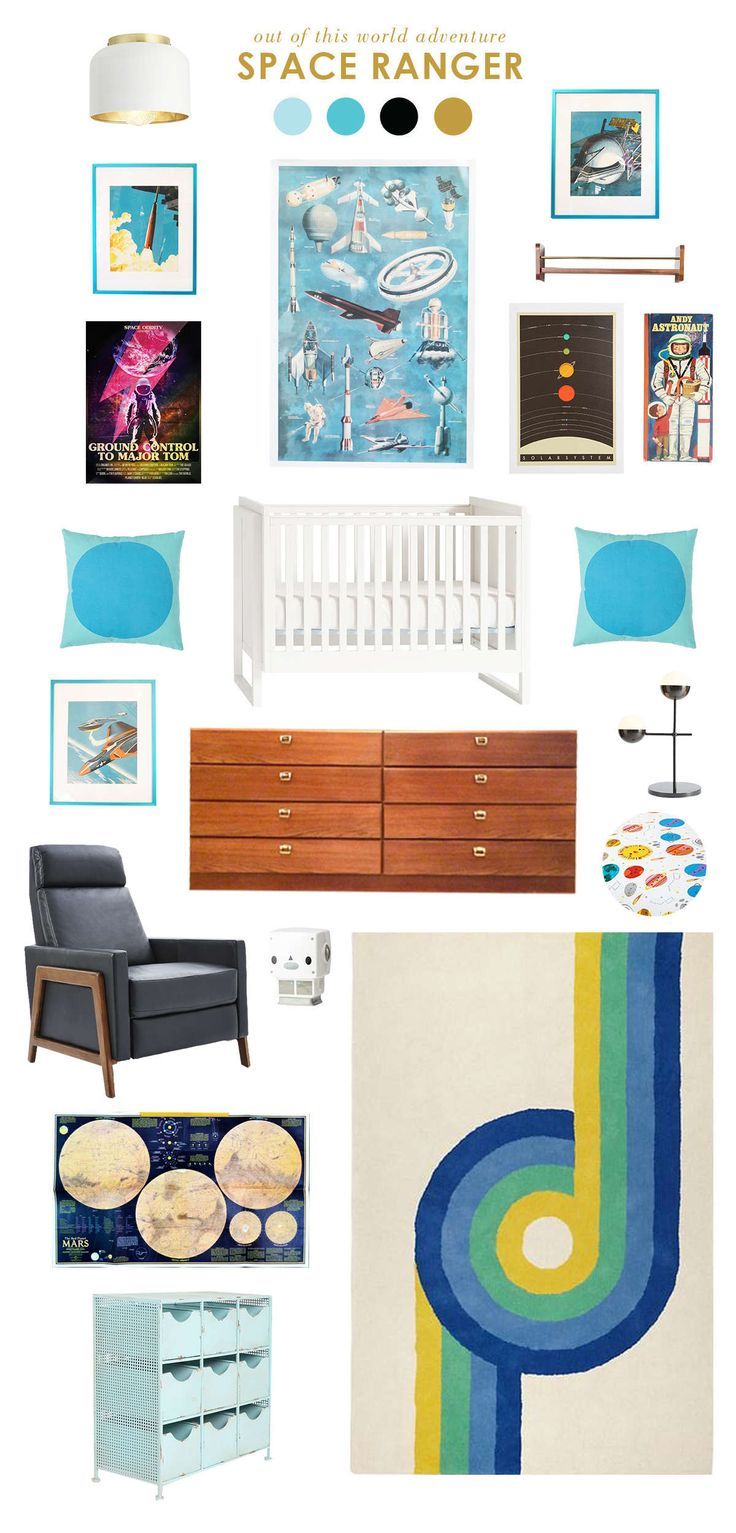 a baby's room with blue and yellow accents, including a crib, chair, dresser, wall hangings, and pictures