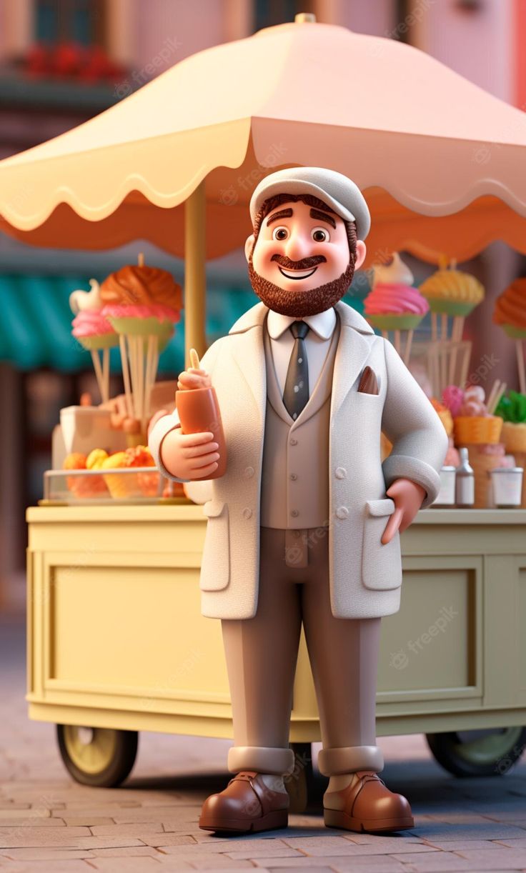 an animated man standing in front of a cart full of cupcakes and ice cream