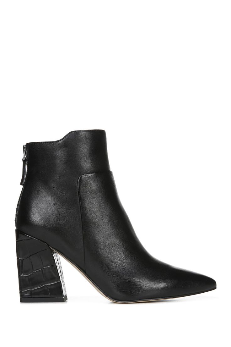 A streamlined leather bootie with a top wavy trim.Sizing: True to size. Pointed toe. Leather construction. Wavy topline. Back zip closure. Croc embossed block heel. Approx. 3" heel height. Imported Leather Heels With Zipper Closure For Fall, Ankle-high Leather Heeled Boots With Zipper Closure, Leather Heeled Boots With Zipper Closure, High Ankle Leather Heels With Zipper Closure, Nordstrom Store, Franco Sarto, Leather Booties, Bootie, Nordstrom Rack