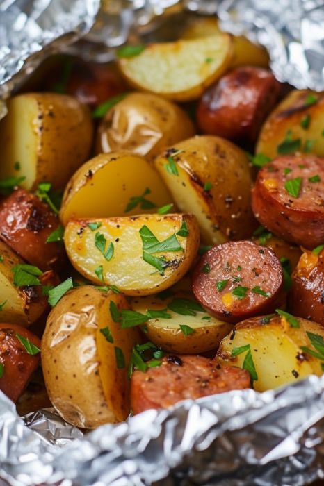 cooked potatoes and sausages in foil with parsley