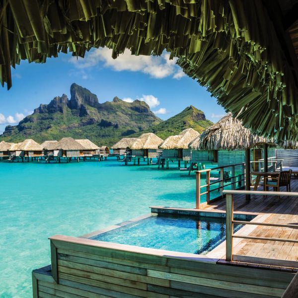 the water is crystal blue and there are overhanging huts with thatched roofs