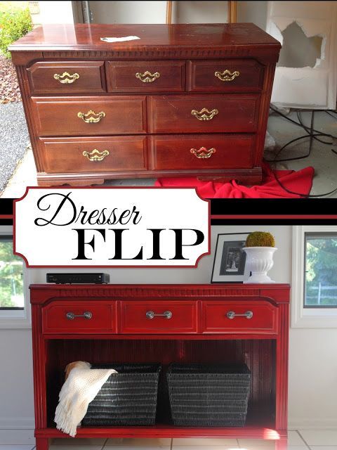 an old dresser turned into a desk with drawers and baskets on top, before and after it was painted