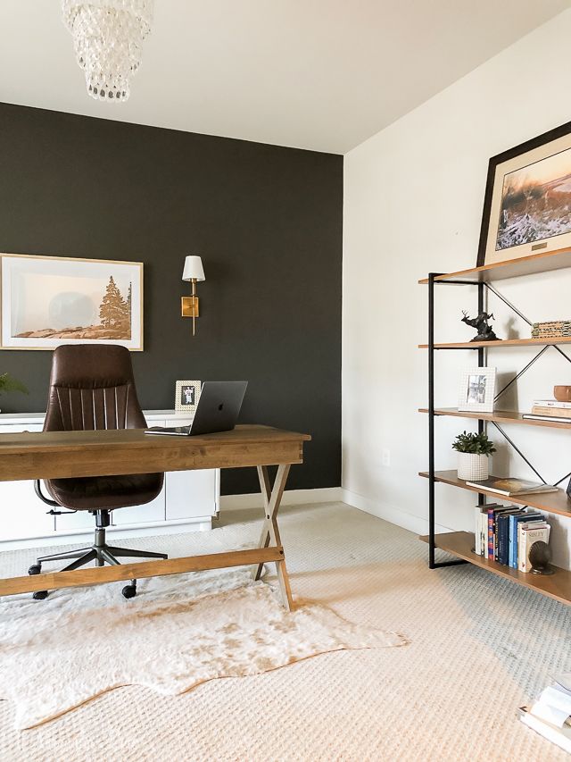 Accent wall in home office is urbane bronze Neutral Home Office, Accent Wall Paint Colors, Office Wall Colors, Masculine Home Office, Office Color, Home Office Colors, Accent Wall Paint, Office Remodel, Texas House