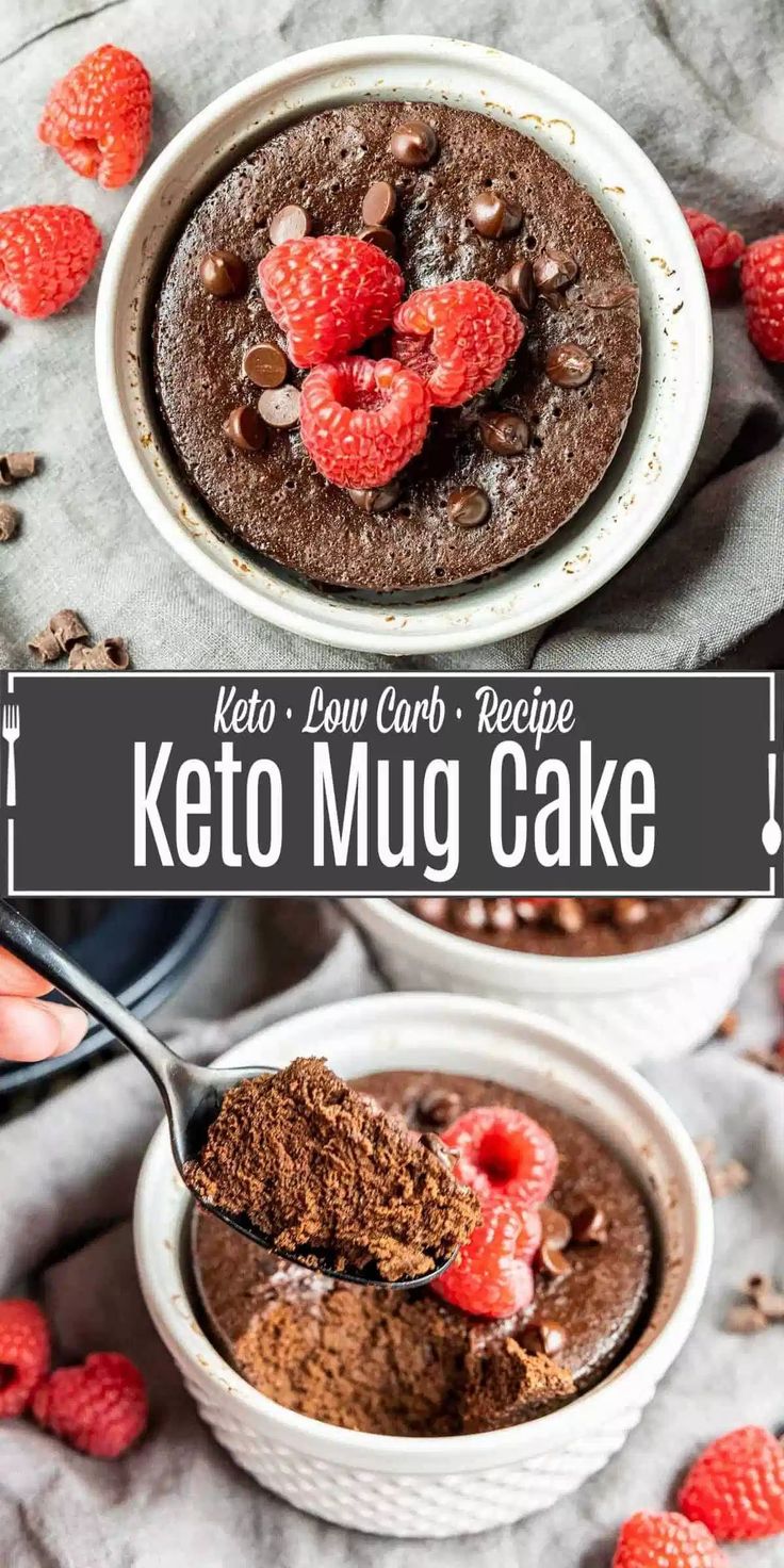 keto mug cake with chocolate and raspberries on top