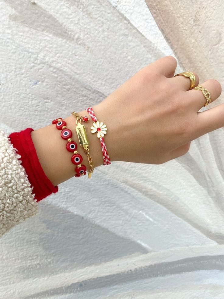 Handmade Red Chain Bracelet As Gift, Handmade Red Chain Bracelet Gift, Handmade Red Chain Bracelet For Gift, Handmade Adjustable Red Chain Bracelet, Dainty Adjustable Red Bracelet, Dainty Red Adjustable Bracelet, Handmade Red Evil Eye Bracelet, Dainty Red Beaded Bracelets, Gold Flower Bracelets For Valentine's Day