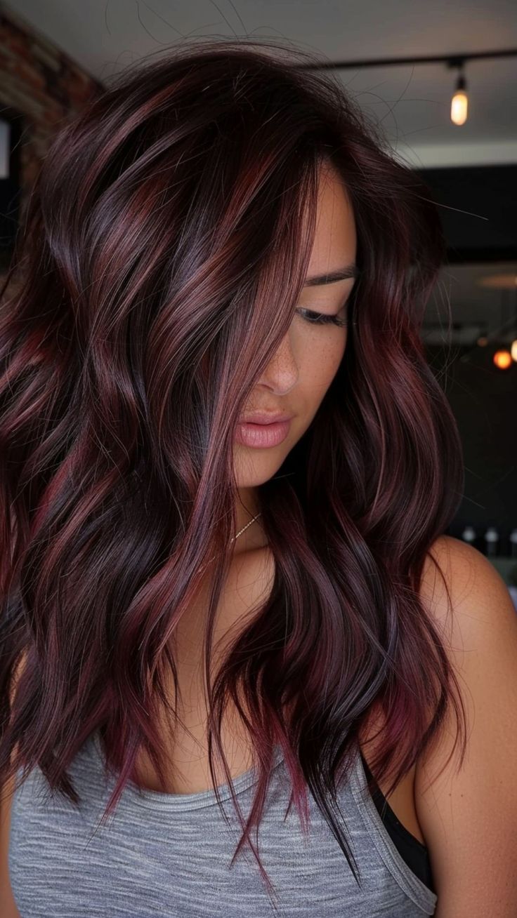 25 Burgundy Hair Ideas for an Elegant Makeover Dark Hair With Some Color, Dark Colors For Hair, Brunette Hair For Summer 2024, Burgundy Hair Lowlights, Merlot Highlights On Brown Hair, Hair Color Ideas Wine Red, Red Violet Money Piece, Red With Dimension, Red Hair Color For Dark Hair