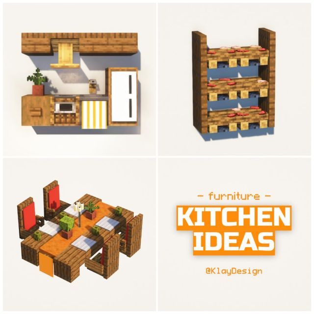 KlayDesign • Minecraft Builder on Instagram: "KITCHEN IDEAS 🧑‍🍳🍳 Hii! Check out these three kitchen furniture ideas I built last night! The dining table turned out so cute! Let me know what’s your favorite! 😌🙌 ——————————————— ⁃ 🪴 Follow @klay.design_mc for more! ⁃ 💬 Lemme know your thoughts! ⁃ 🙌 Complementary Shaders ⁃ 🍳 Repost with credits only! ——————————————— #minecraft #minecrafthouse #minecraftbuildings #minecraftbuilds #minecraftideas #minecraftdesigns #minecraftinspiration #minecraftbase #minecraftbuild #minecraftsurvival #minecraftkitchen #kitchen" Minecraft Kitchen Cabinets, Minecraft Kitchen Ideas Aesthetic, Small Kitchen Minecraft, Minecraft Building Ideas Kitchen, Minecraft Dinner Table, Minecraft Tavern Interior, Cute Minecraft Kitchen, Kitchen Minecraft Ideas, Minecraft Desk Ideas