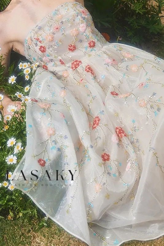 Lasaky - Exquisite Hand-Embroidered Floral Applique Bodice Ballgown featuring a Stunning Embellished Waistline Embroidered Organza Prom Dress, Festive Organza Dress With Floral Applique, Festive Floral Applique Organza Dress, Summer Floor-length Dress With Floral Applique, Floor-length Floral Applique Dress For Summer, Floor-length Embroidered Dress For Garden Party, Embroidered Floor-length Dress For Garden Party, Summer Organza Embroidered Fitted Dress, Summer Fitted Organza Embroidered Dress