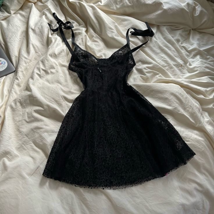 Size M! Runs Small So Perfect For S/M. Unique Lbd. In Great Condition! Black Fitted Lace Mesh Dress, Black Lace Mesh Dress For Party, Black Lace Mesh Party Dress, Black Lace Trim Dress For Night, Sleeveless Coquette Night Dress, Black Corset Dress With Lace Trim For Date Night, Black Lace Mini Length Corset Dress, Sheer Mini Coquette Dress, Black Lace Trim Corset Dress For Date Night