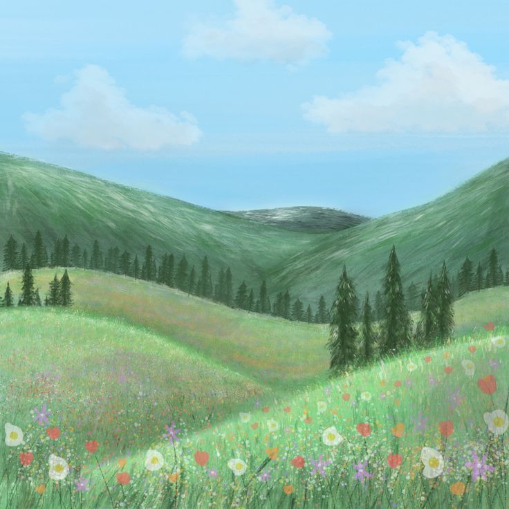 a painting of flowers and trees in a field with mountains in the backgroud