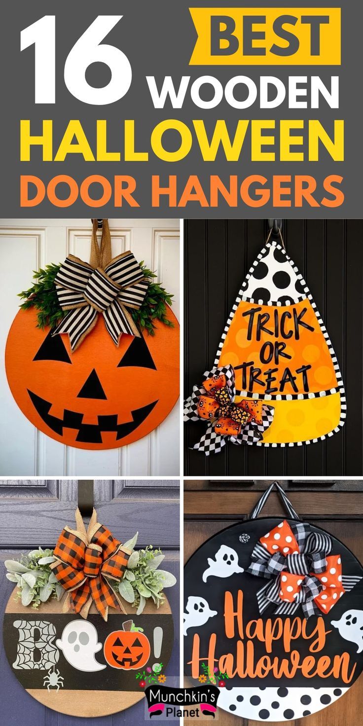 Best Wooden Halloween Door Hangers Door Signs Diy Halloween, Halloween Wood Door Hangers, Halloween Wood Signs Door Hangers, Halloween Door Hanger Ideas, Diy Painted Door Hangers, Pumpkin Door Hanger Diy, Halloween Door Signs Front Porches, Halloween Door Signs Diy, Door Hangers Halloween