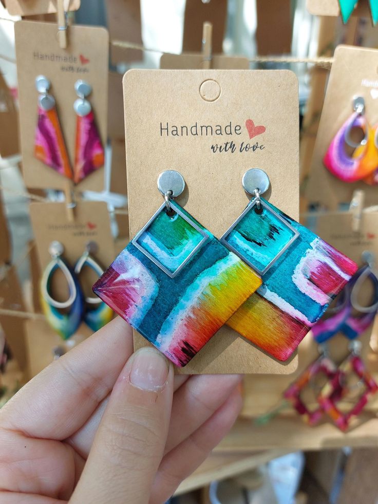 Light and colorful WOODEN earrings. Trendy and bright for summer, for you or for a gift. Ideal for having fun with a dressed up or casual look. Vibrant Colorful Earrings For Gifts, Artsy Colorful Earrings For Gift, Artsy Colorful Earrings As Gift, Artsy Colorful Earrings For Gifts, Multicolor Hand Painted Earrings, Trendy Colorful Earrings As Gift, Trendy Colorful Earrings For Gift, Colorful Handmade Fun Earrings, Colorful Earrings As A Gift