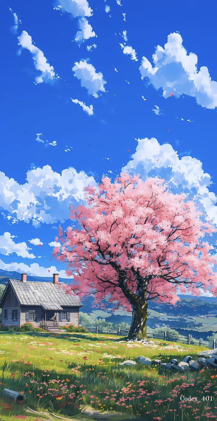 a painting of a tree with pink flowers in front of a house and blue sky