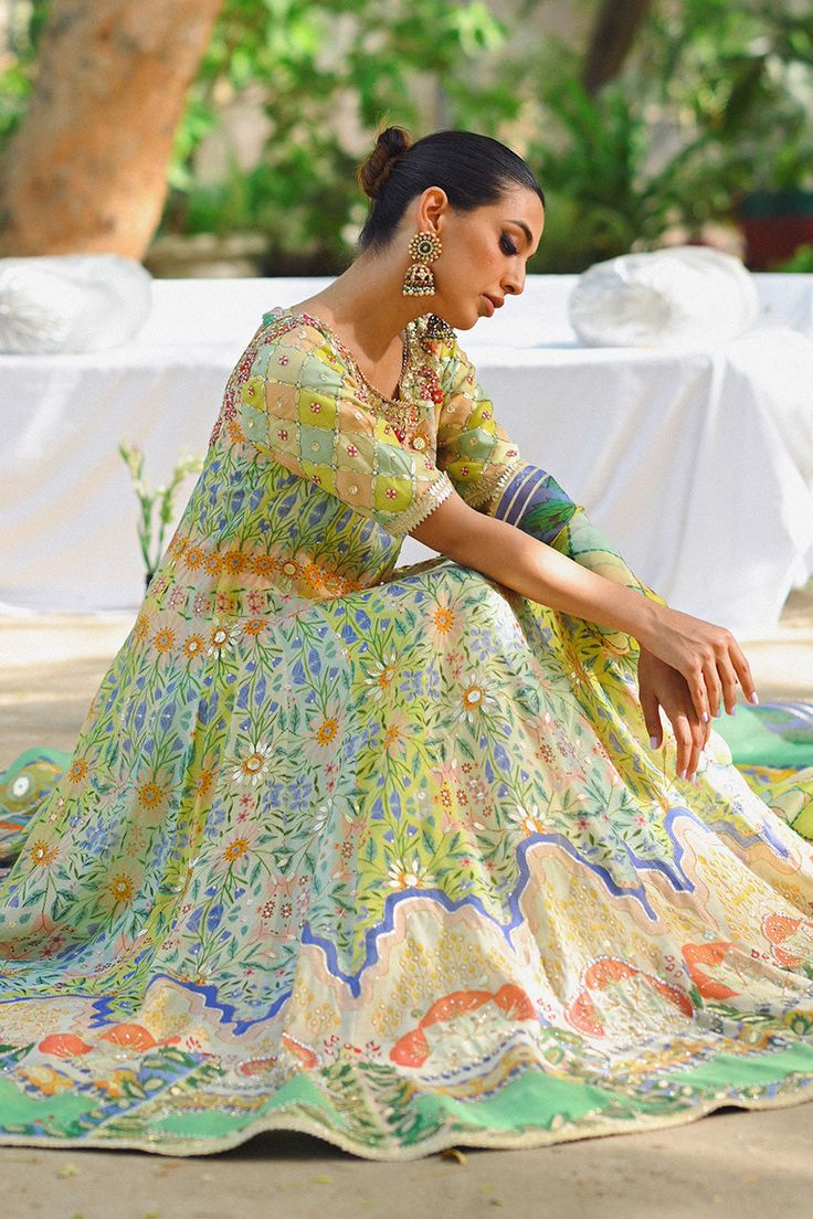 Kyda Unstitched Multicolor Organza Anarkali Set, Multicolor Organza Anarkali Set For Eid, Multicolor Organza Anarkali Set For Festivals, Multicolor Organza Anarkali Set With Sheer Dupatta, Green Tissue Silk Sets With Floral Embroidery, Green Floral Embroidered Tissue Silk Sets, Green Floral Embroidery Tissue Silk Sets, Designer Multicolor Organza Salwar Kameez, Multicolor Organza Salwar Kameez For Wedding