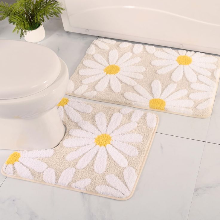 PRICES MAY VARY. Soft and Cozy: The beige bathroom rug set is made of premium microfiber, tufting effect is obvious. The bathroom mat is 1.1 inches thick and has closely packed fluffs, making it very soft and comfortable to step on, ensuring a good experience during use. Cute Daisy and 3D Design: The beige bathroom set is brightly colored, and has long-lasting color retention. Cute Daisy Design and bright colors, make the beige bath mat set look very conspicuous, decorating the bathroom is a good choice, making the bathroom look more fashionable and novel. Non Slip Backing: Rectangular bath rug and contour bath rug for toilet are backed with TPR, have good non-slip properties, strong and durable, and can be used with confidence. Note, please make sure the floor is dry before laying the flo Pink Bathroom Rugs, Non Slip Bathroom Flooring, Pink Toilet, Unique Bathroom Decor, Floral Bathroom, Corak Bunga, Toilet Rug, Pretty Bathrooms, Boho Shower Curtain