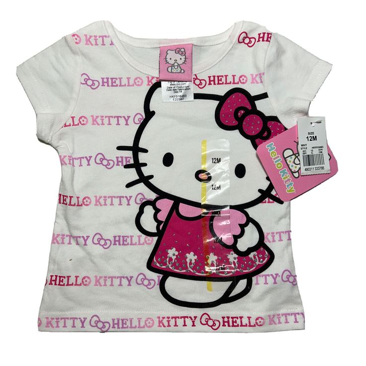 Playful Hello Kitty T-shirt For Spring, Pink Cotton Hello Kitty T-shirt, Playful Hello Kitty Print Cotton T-shirt, White Cotton Hello Kitty T-shirt, White Hello Kitty Cotton T-shirt, White Cotton Hello Kitty Top, Hello Kitty Cotton T-shirt For Summer, Playful White Hello Kitty T-shirt, Cute Cotton Hello Kitty T-shirt