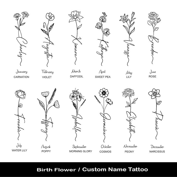 the birth flower / custom name tattoo is shown in black and white, with flowers drawn on