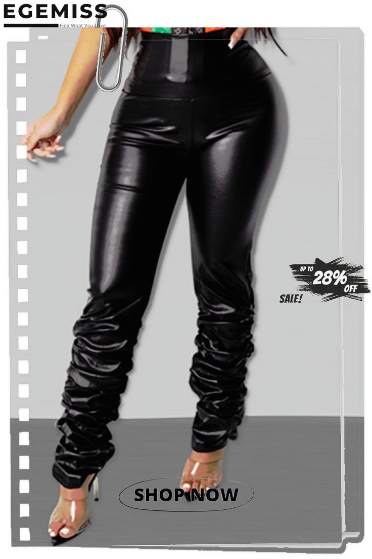 Black Fashion Casual Solid Fold Regular High Waist Trousers Black Club Bottoms For Fall, Elegant Black Pants For Club, Elegant Black Club Pants, Casual Non-stretch Club Pants, Casual Non-stretch Pants For Club, Casual Black Pants For Club, Trendy Black Elastic Pants, Black Non-stretch Party Bottoms, Chic Black Bottoms For Club