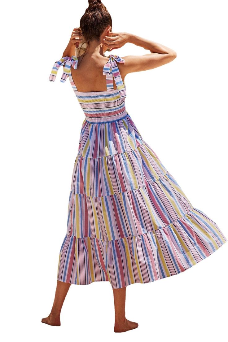 F00158845-114 Lined Square Neck Sundress, Flowy Multicolor Square Neck Dress, Multicolor Flowy Square Neck Dress, Summer Multicolor Square Neck Maxi Dress, Cotton Tiered Dress With Adjustable Straps, Striped A-line Vacation Dress, Tiered Cotton Dress With Adjustable Straps, Tiered Cotton Sundress, Summer Multicolor Maxi Dress With Tie Straps