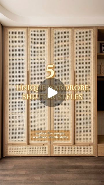 an open closet with the words unique wardrobes and shutter styles in gold on it