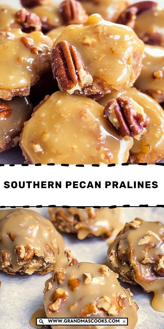 there are some pecan pralies on top of each other and one is drizzled with caramel