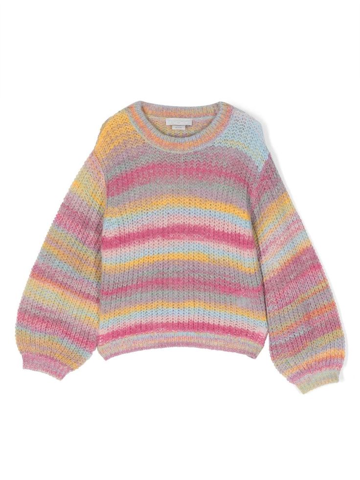 hot pink/sunflower yellow/powder blue knitted construction horizontal stripe print long puff sleeves round neck ribbed cuffs and hem This item is made from at least 50% recycled or upcycled materials. For recycled synthetic clothing products, we highly recommend using a microfibre-catching washing bag to ensure that no microplastics that can pollute water are released in the process. Learn more about what makes a product Conscious on our Conscious Criteria page Striped Color Sweater, Trendy Colorful Sweater, Rainbow Sweater Aesthetic, Preppy Knit Sweaters, Subtle Rainbow Sweater, Knitted Sweater For Kids, Unicorn Knitting Pattern Sweater, Copenhagen Style Crochet, Pastel Sweater Aesthetic