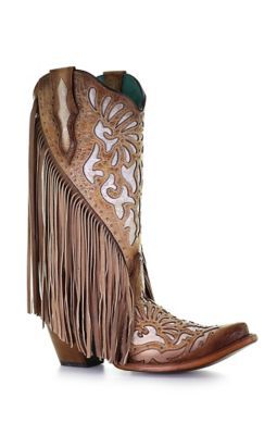 Totally in love with this little fringe number from Corral Boots! Who can resist that stunning tan brown leather, inlay details, stud accents, and of course frilly fringe - all against a classic cowgirl boot silhouette. The movement these western kicks offer is fun and flirty. Get your Boho on, country style, in these darling Corral Cowgirl Boots! Tube Height 13" Heel Height 2 3/8" Snip Toe Fringe Embroidery, Corral Cowgirl Boots, Corral Boots Womens, Corral Boots, Turquoise Leather, Saddle Brown, Fringe Boots, Tractor Supply, Heel Caps