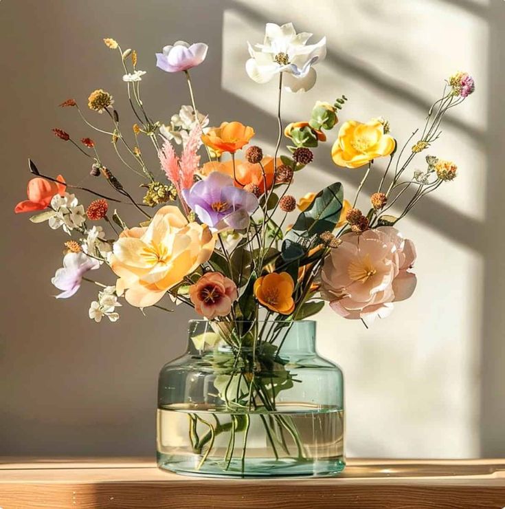 a vase filled with lots of different colored flowers