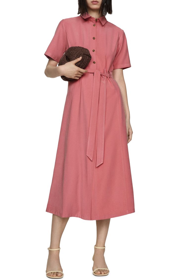 A matching sash cinches the waist of this classic midi-length shirtdress made from a lightweight fabric that flows with ease. Front button closure Point collar Short sleeves Removable sash Lined 93% viscose, 7% polyester Machine wash, line dry Imported Casual A-line Belted Dress For Spring, Elegant Belted Shirt Dress For Day Out, Short Sleeve Belted Midi Dress For Casual Wear, Casual Belted Short Sleeve Midi Dress, Belted Midi Dress With Short Sleeves For Casual Wear, Casual Belted Midi Dress With Short Sleeves, Summer Button-up Midi Dress With Belted Cuffs, Formal Button-up Midi Dress With Tie Waist, Spring Knee-length Midi Dress With Belted Cuffs