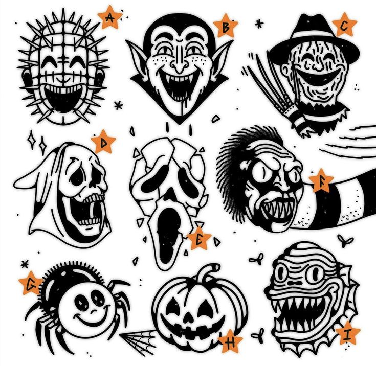 various halloween faces drawn in black and white with stars on the bottom, one has an evil