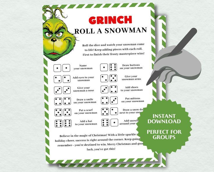 the grinch roll a snowman game is shown on a green and white background