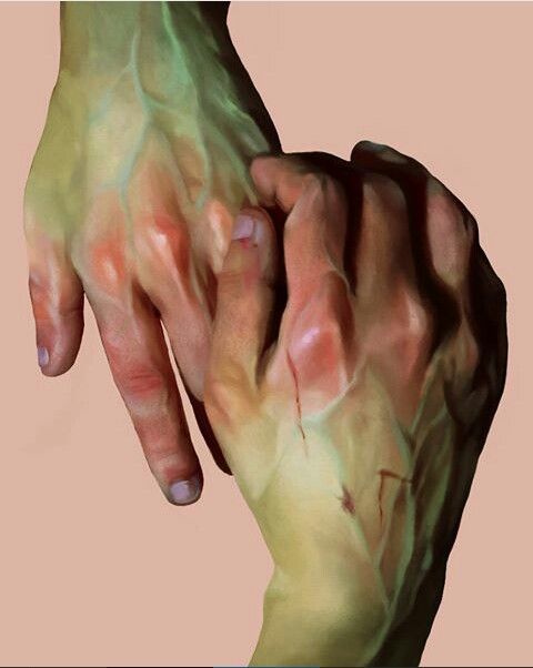 two hands holding each other with different colored streaks on their arms and fingers, in front of a pink background