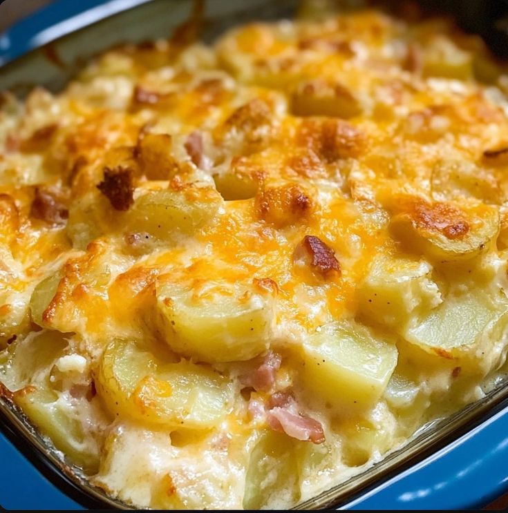 a casserole dish with potatoes, ham and cheese in it on a blue plate