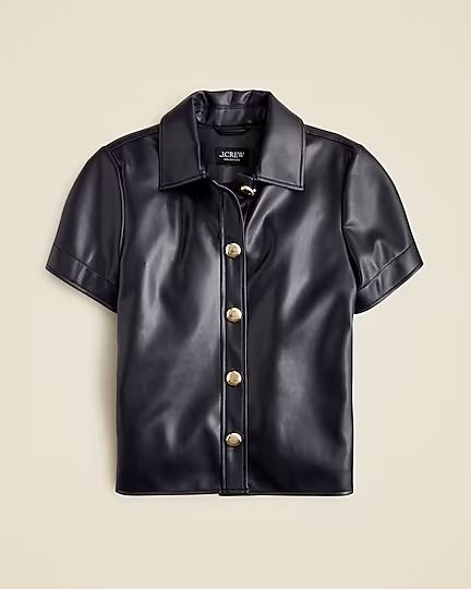 J.Crew: Collection Gamine Shirt With Oversized Buttons In Faux Leather For Women Leather Button-up Tops With Button Closure, Chic Collared Leather Top, Elegant Leather Tops For Work, Modern Leather Tops For Workwear, Classic Leather Tops For Fall, Spring Leather Tops With Button Closure, Sleek Button-up Fall Tops, Sleek Fall Button-up Tops, Sleek Button-up Tops For Fall