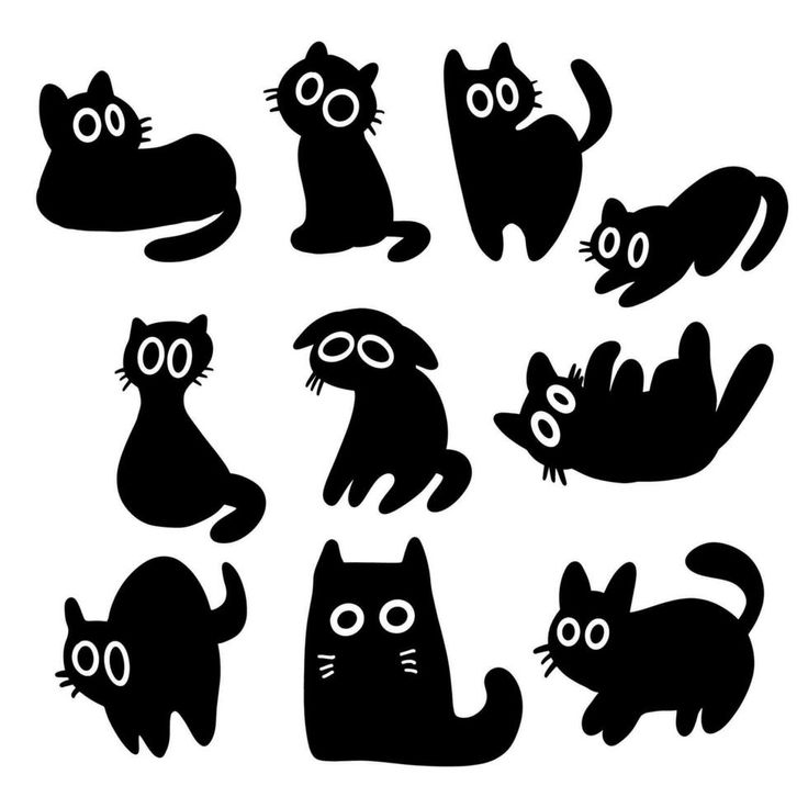 black and white silhouettes of cats with big eyes, sitting on their back legs