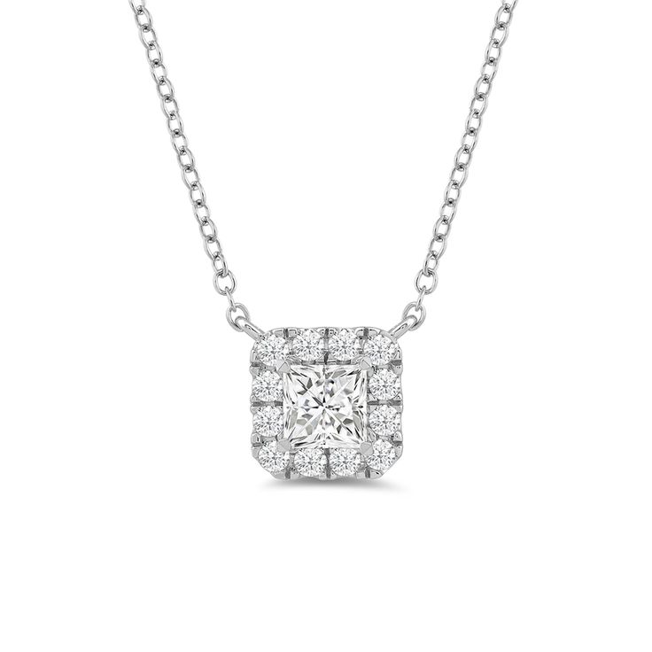 If you need a diamond necklace with a more feminine vibe, this is the one. This white gold necklace features a princess-cut diamond framed by a rounded square halo of round diamonds. Count on this piece to add a little pop of twinkly chic to your looks. Square Diamond Necklace, White Gold Necklace, Diamond Frame, Rounded Square, White Gold Necklaces, Square Diamond, Princess Cut Diamonds, Lab Created Diamonds, Princess Cut