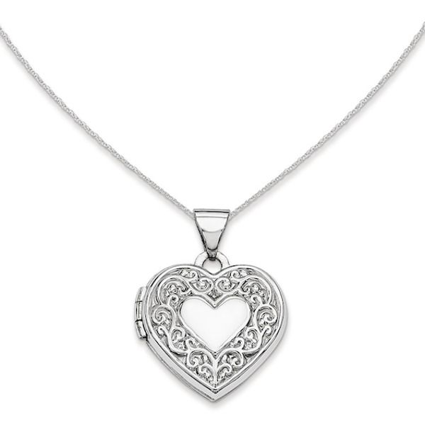 She can keep her treasures close to her heart with this darling fashion locket pendant. Created in cool 14K white gold, this heart-shaped locket features an intricate pattern of scrolls that frame a solid heart at the center. The locket opens to reveal space for a pair of small photos or mementos. A look she'll love and appreciate, this locket is polished to a brilliant shine and suspends freely along an 18.0-inch rope chain that secures with a spring-ring clasp. Elegant Medallion Locket Necklace For Valentine's Day, Elegant Round Heart Locket Necklace, Elegant Round Heart Necklace With Locket, Heart Pendant Jewelry With Intricate Design For Valentine's Day, Heart-shaped Filigree Jewelry Keepsake, Heart-shaped Jewelry With Intricate Design For Formal Occasions, Formal Heart-shaped Jewelry With Intricate Design, Valentine's Day Heart Pendant With Intricate Design, Elegant Engraved Double Heart Locket Necklace