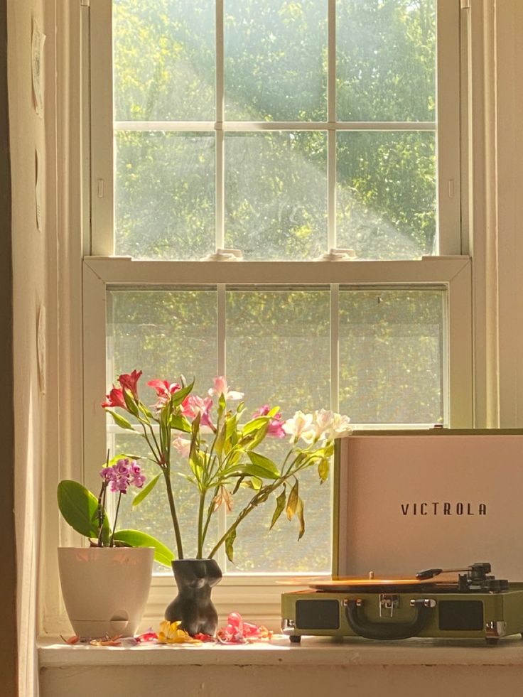 a window sill filled with flowers next to a record player and potted plant