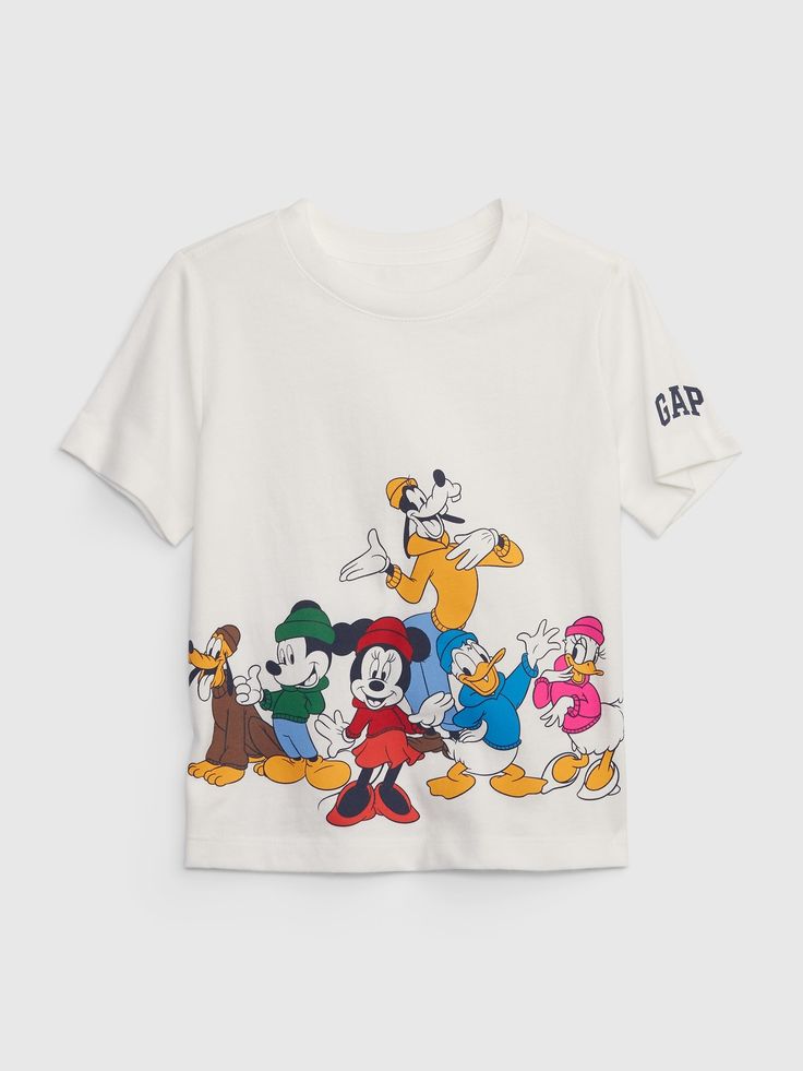 Made with 100% organically grown cotton.  Organic cotton is better for people and the environment because it's grown without the use of harmful synthetic pesticides and fertilizers.  Soft knit graphic T-shirt.  Crewneck.  Short sleeves.  Mickey Mouse and friends graphics at front.  Gap logo at sleeves.  Straight, easy fit.  Hits at the hip.