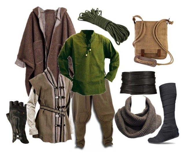 an assortment of clothing and accessories including boots, scarfs, belted jacket, hat