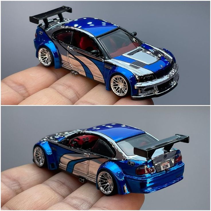 two pictures of a toy car being held in one hand and another showing the same model