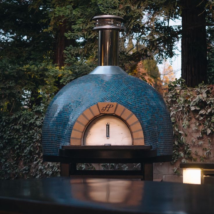 an outdoor pizza oven with a clock on the front and side wall, surrounded by greenery